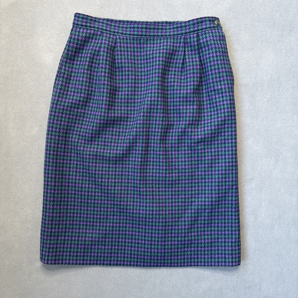 Vintage Pendleton Skirt Womens 10 Petite Green Purple Houndstooth Wool Lined
